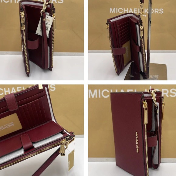 MICHAEL KORS LG DOUBLE ZIP WRISTLET DARK CHERRY - MERLOT NWT - Picture 15 of 16